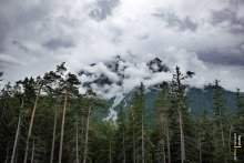 Peeking Serles Peaks Over Cloudy Forest
