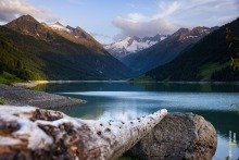 Majestic Austrian Reservoir with Driftwood Foreground